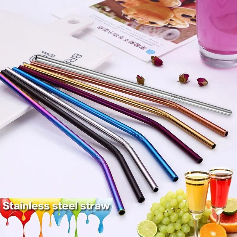 

Reusable Metal Straws Set 304 Stainless Steel Drinking Straw with Cleaner Brush Rainbow Milk Drinkware Fashion Bar Accessories