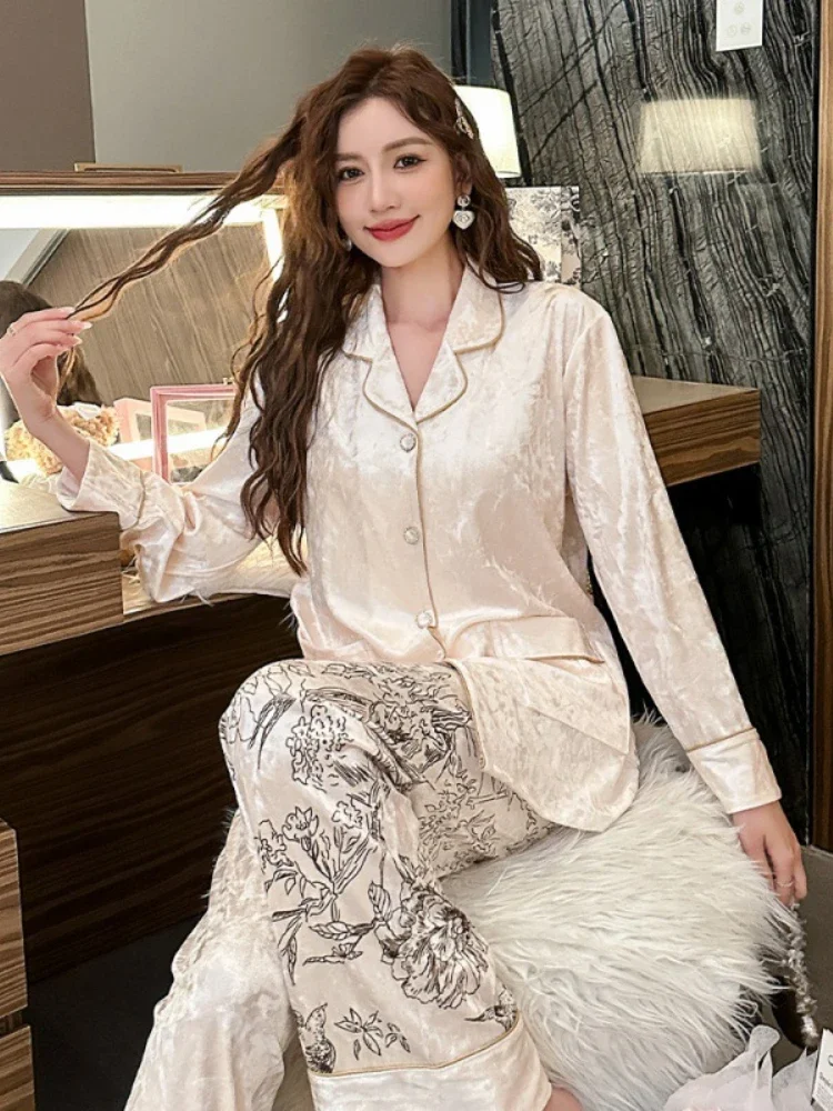 Осень/зима золотые бархатные пижамы комплект из 2 предметов женская домашняя