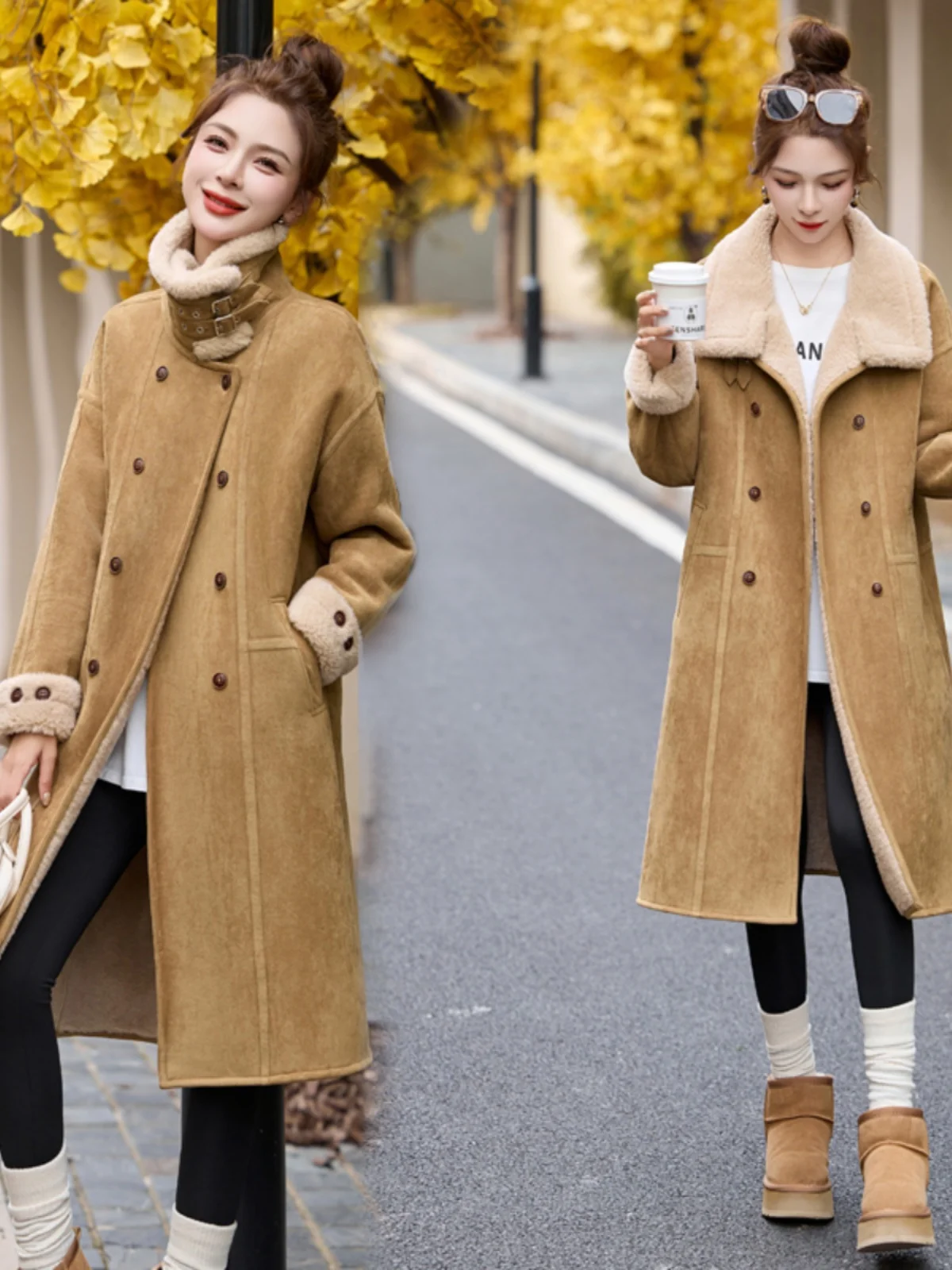 Замшевое пальто цвета хаки женская длинная мотоциклетная одежда новинка зимы 2024