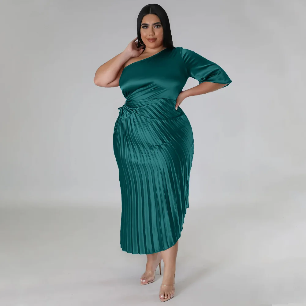 Plus Size Women Clothing Elegant Chic Women Dresses Party Dresses Solid Slim Fit Mid-Calf Office Lady Evening Dresses Pleated