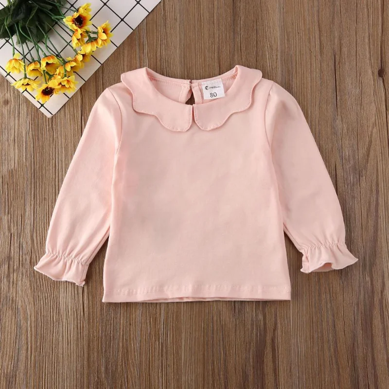 0-6Y Kids Baby Girls Summer Spring Fall Doll Collar Solid Children Tops Baby Kids Clothes Long Sleeve Blouse Princess Shirts