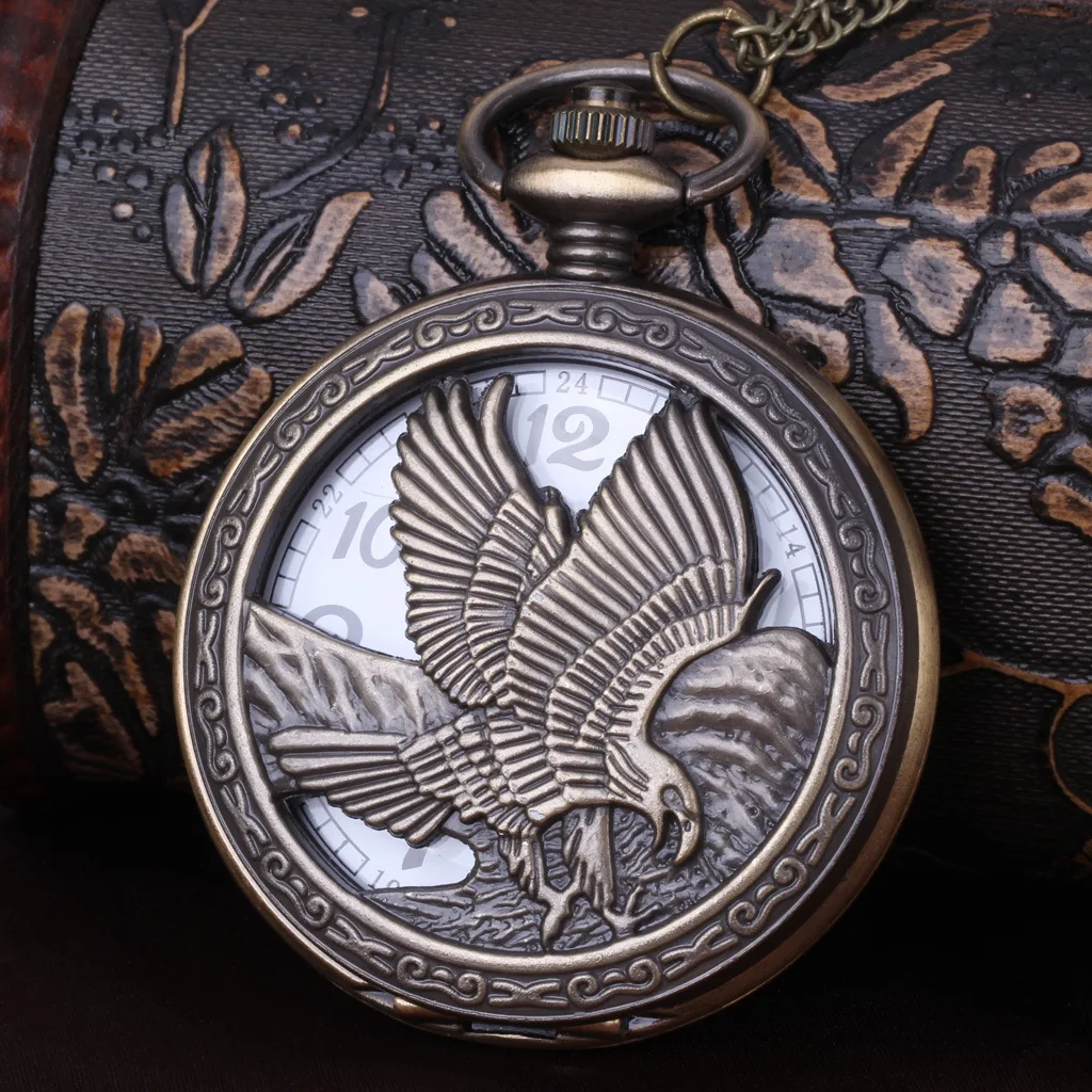 

Vintage Hollow Carving Quartz Pocket Watch for Men Women Eagle Bird Engraved Case Fob Chain Bronze Clock for Collection Gift