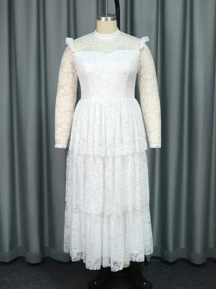 Осеннее белое кружевное платье в стиле ретро с принтом Прозрачное ложным