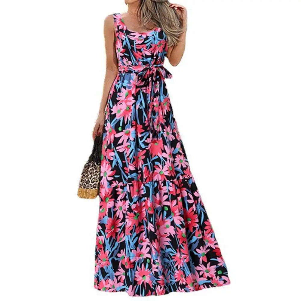 

Fashion Maxi Dress Vivid Beach Dress High Waist Flower Print Lace Up Lady Dress Colorful Printing