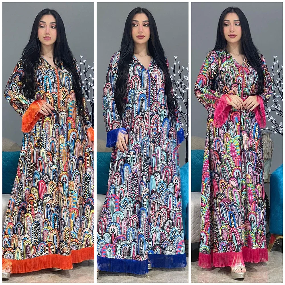 

Women's Arab Muslim Abaya Fashion Printed Dress Hand Stitched Middle Eastern Robe India Turkey Dubai Abaya Dress Muslim Abaya