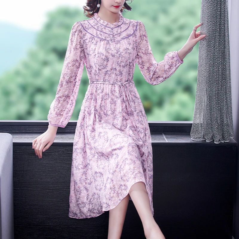 

Женское шифоновое платье-миди с длинным рукавом, розовое элегантное облегающее платье с цветочным принтом для пляжа и отпуска, в винтажном стиле, для выпускного вечера, весна-осень 2023