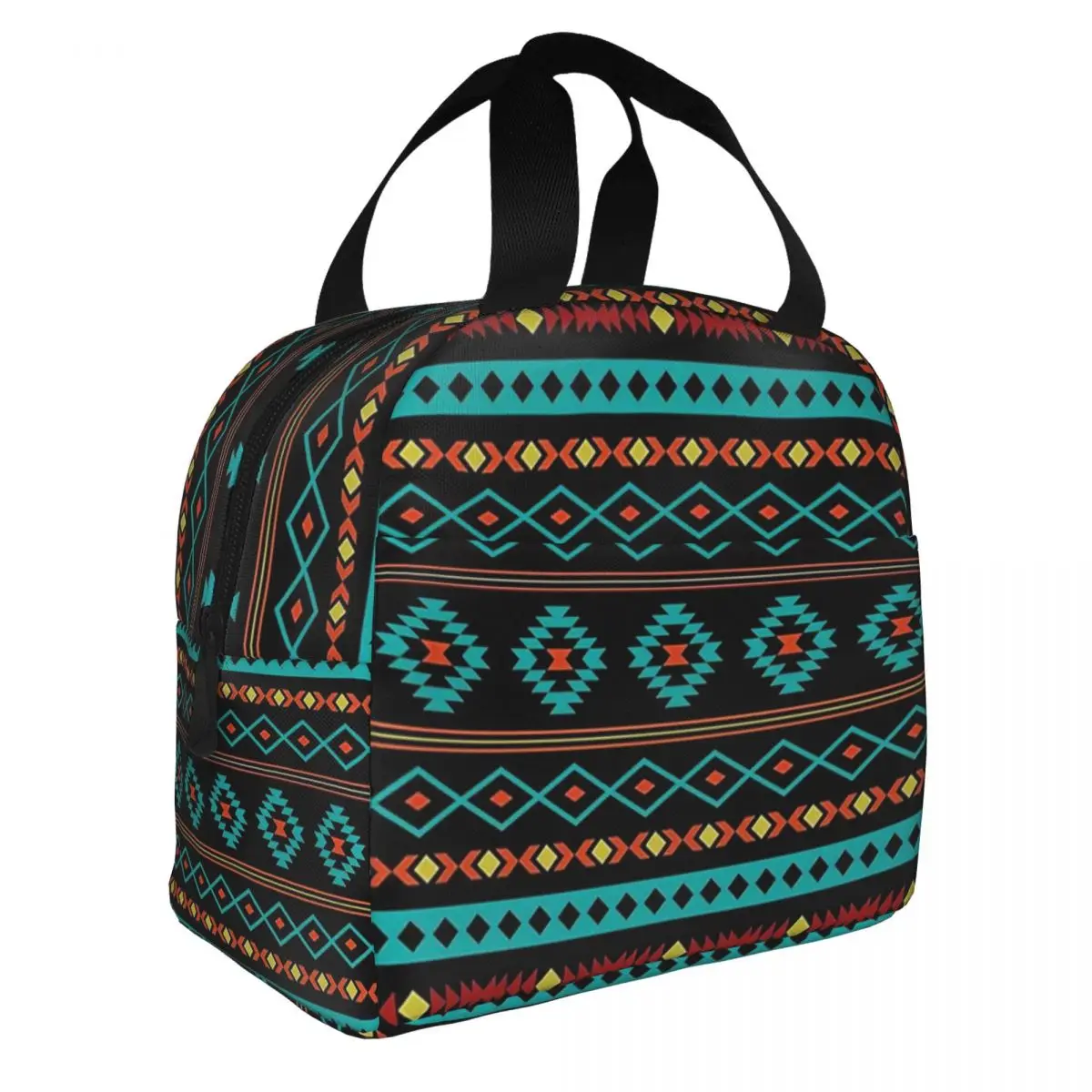 Aztec Teal Reds Yellow Black Mixed Motifs Pattern Lunch Bento Bags Portable Aluminum Foil thickened Thermal Cloth Lunch Bag
