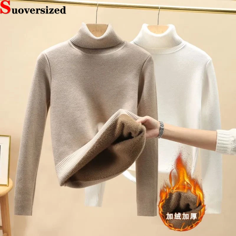 

Khaki Plush Lined Turtleneck Sweater Slim Warm Winter Pullover Thicken Soft Long Sleeve Tops Casual Women Knitwear Jumper