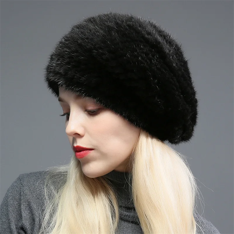 Women's Fur Beret 2022 New Winter Windproof Warm Mink Fur Beanie Ear Protector Cap Beret