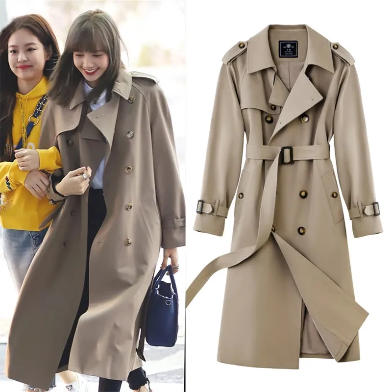 

Star Style Trench Coat Womens 2022 Spring Fall Chic Long Windbreakers Female Fashion Double Breasted Trench Belted Outwear Khaki