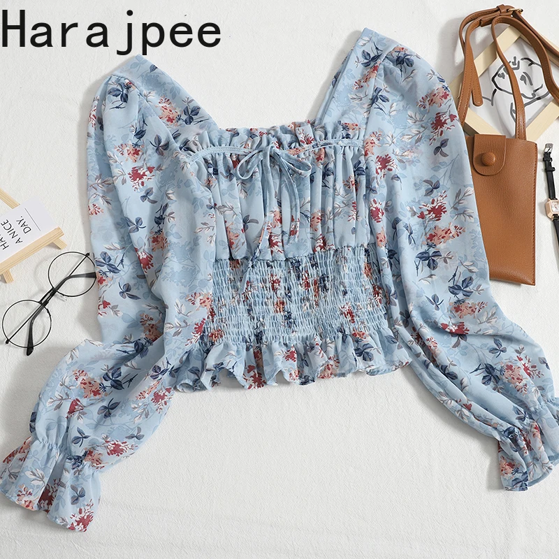 

Harajpee Chiffon Shirt Square Collar Printing Bowknot Belt Folds Gentle Fungus Slim Waist 2022 Spring New Blouse Short Tops