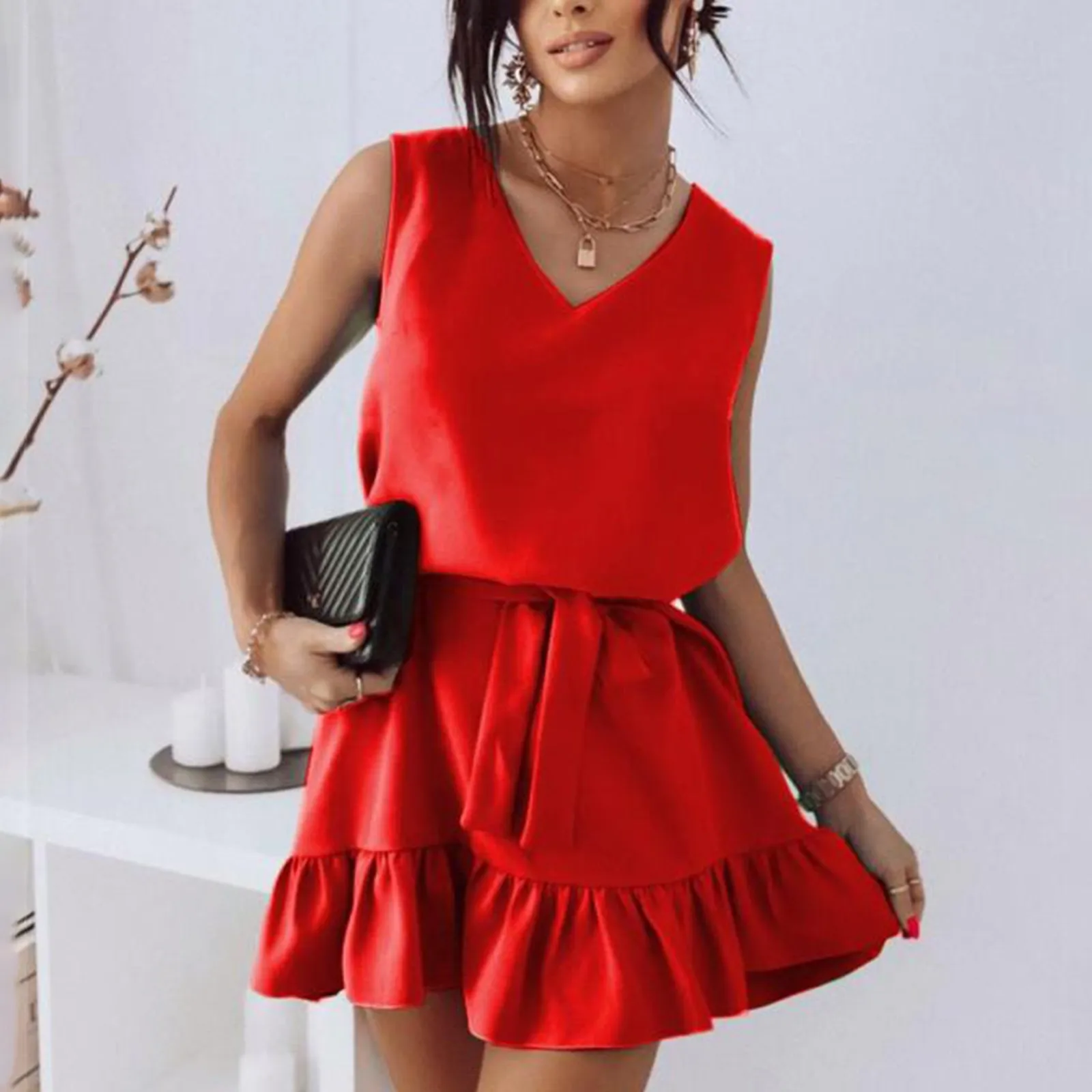 

Fashion Summer Solid V Neck Sleeveless Dress Elegant Casual Waist Tie-up Office Mini Dress Summer Pleated Ruffle Hem Party Dress