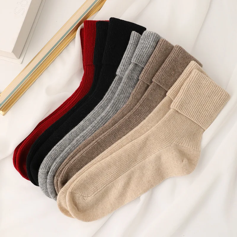 2022 New Winter Warm 100% Cashmere Socks Women Natural Fiber Thick Thermal Socks Lady Girls Casual Home Floor Sock Solid