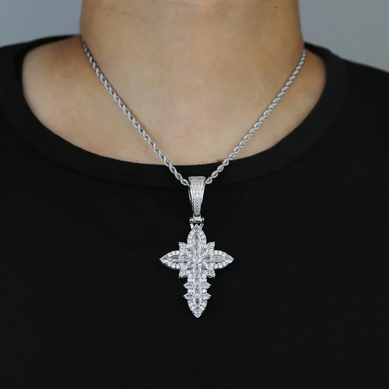 Bling Cz Cubic Zirconia Paved Flower Иисус Крест Хип-Хоп Подвеска Мужское Ожерелье Веревочная