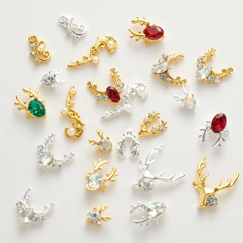 100pc Christmas Alloy Lucky Deer Xmas Elk Nail Embellishment With Rhinestone Gold Silver Metal Charms For UV Polish Nails Decors