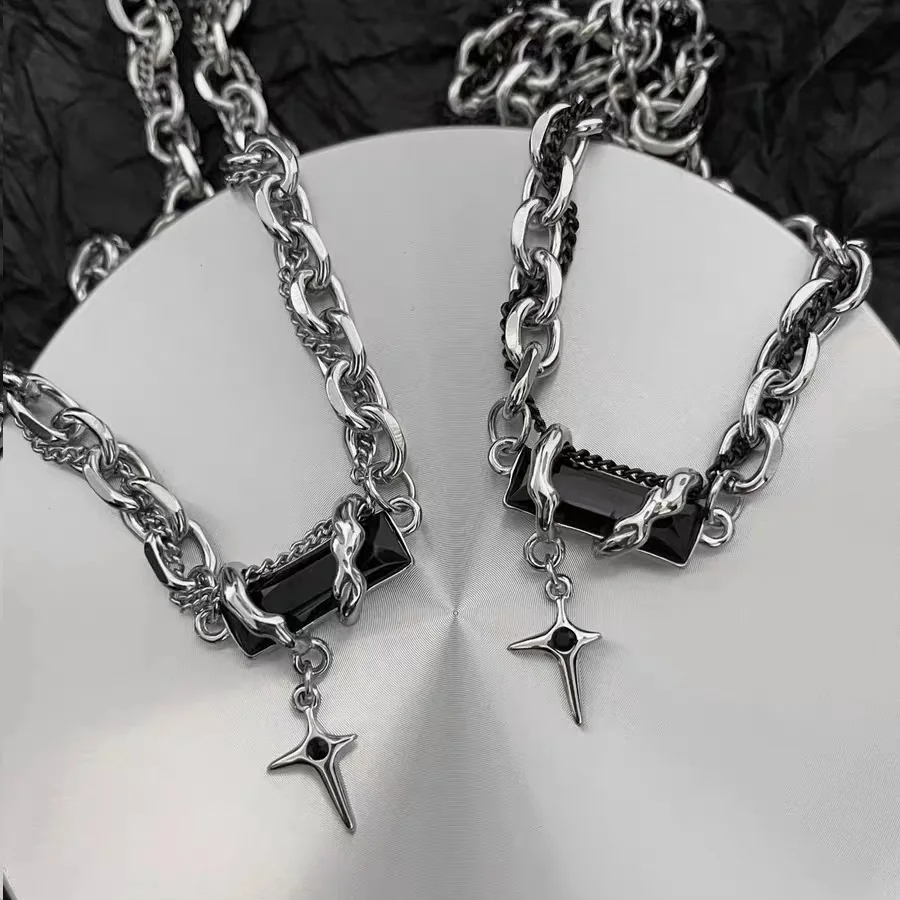 

New Gothic multilayer wrapped black gem necklace Hip hop cool cross for men and women cool personality accessories