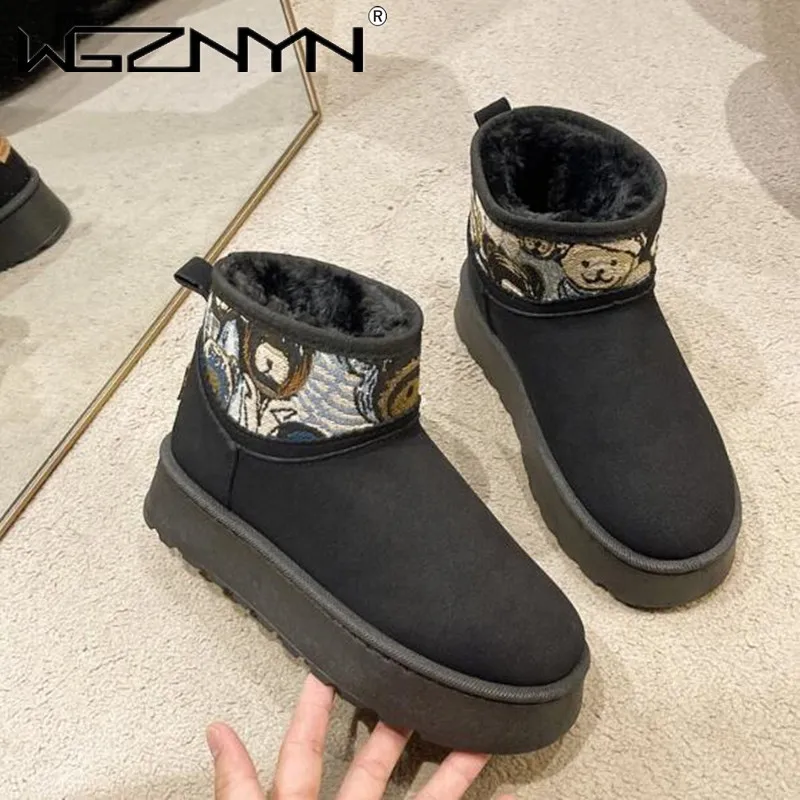 

Fur Flats Shoes Chelsea Snow Boots Winter Warm Women Platform 2024 New Suede Fashion Short Plush Cotton Mujer Casual Ankle Boots