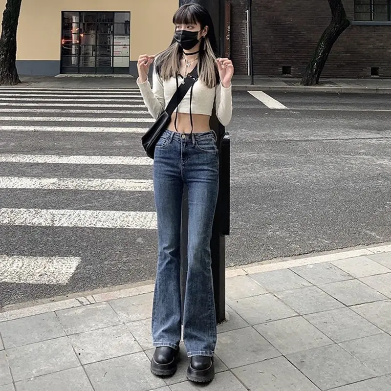 Women's Elastic Slim Denim Flare Boot Cut Pants Female Lady Vintage High Waist Trumpet Full Length Jeans Streetwear for Women