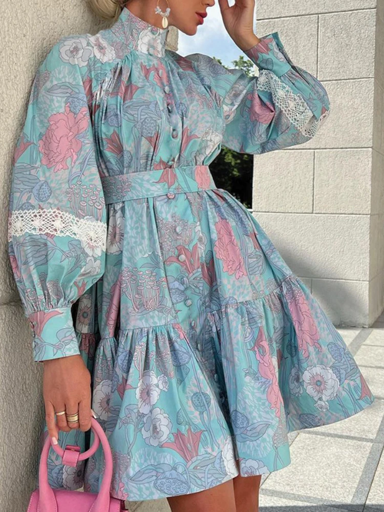 

Осенние женские элегантные мини-платья с длинным рукавом, женское праздничное короткое платье на шнуровке, одежда с принтом