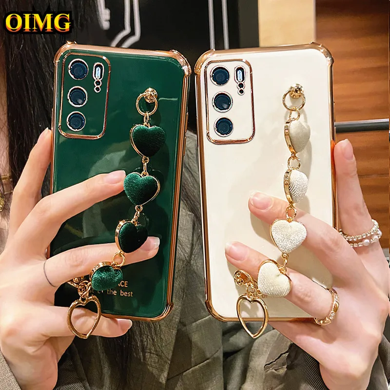 

Luxury Plating Heart Wrist Chain Silicone Case For Huawei P50 P40 P30 P20 Lite Y5 Y6 Y7 Y9 Prime 2019 Honor 50 Pro SE 20i Cover