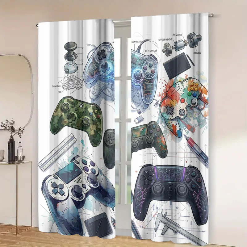 Фото Декоративные шторы для игровой комнаты с схемой контроллера Blueprint Game Controller, поп-арт для гиков, оконные занавески с платой PCB, техно-декор для стримеров №4
