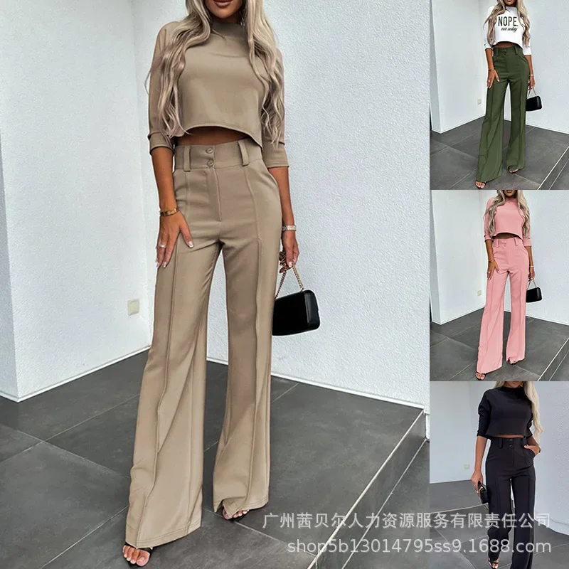 

Mock Neck Crop Top & Pocket Work Pants Set Two Piece Set Women Tops T Shirts Button High Waist Trousers Pant Sets Autumn 2023