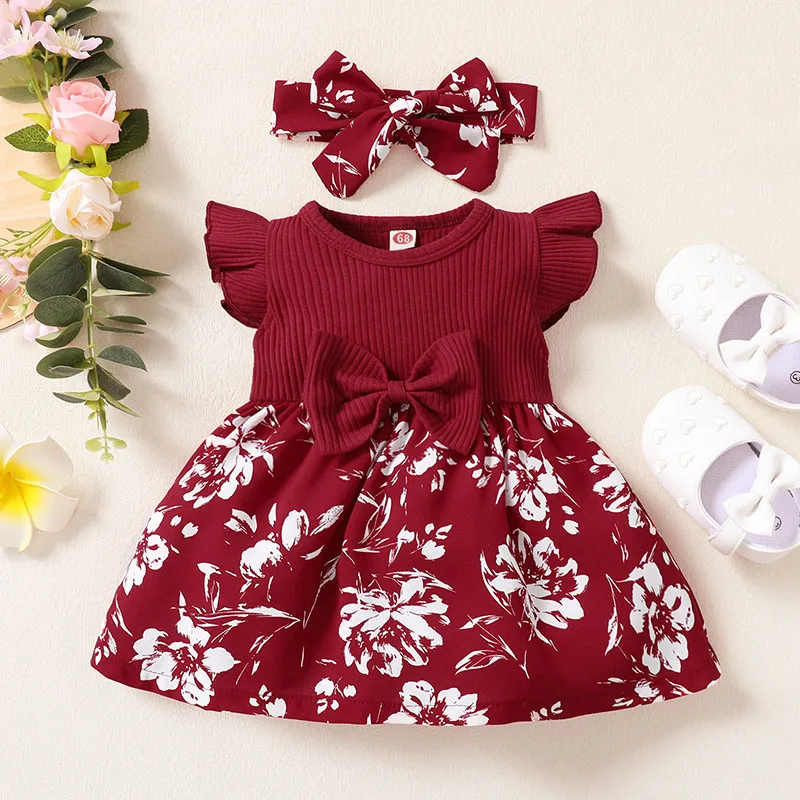 

0-18M Baby Girls Dress Bowknot Flowers Print Ruffle Sleeve knitted Patchwork Toddler Infant Party Dresses+Headband Girls Outfit