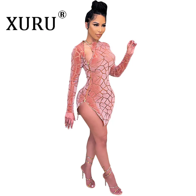 

XURU Night Club Party Dress,Europe and The United States New Sexy Women's Dress, Flocking Double-sided Zipper Long-sleeved Dress