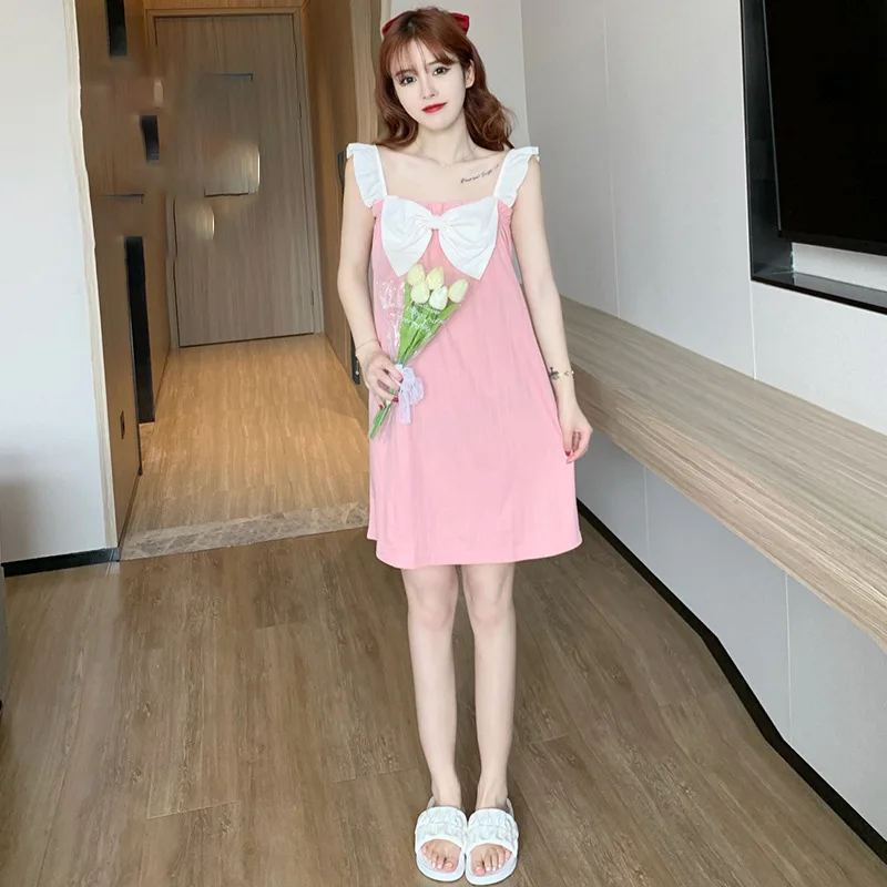 M-XXL Sleeveless Summer Sling Dresses Superior Polyester Thin Women's Home Clothes Sweets Bow Sleepwear Knee Length With Bra