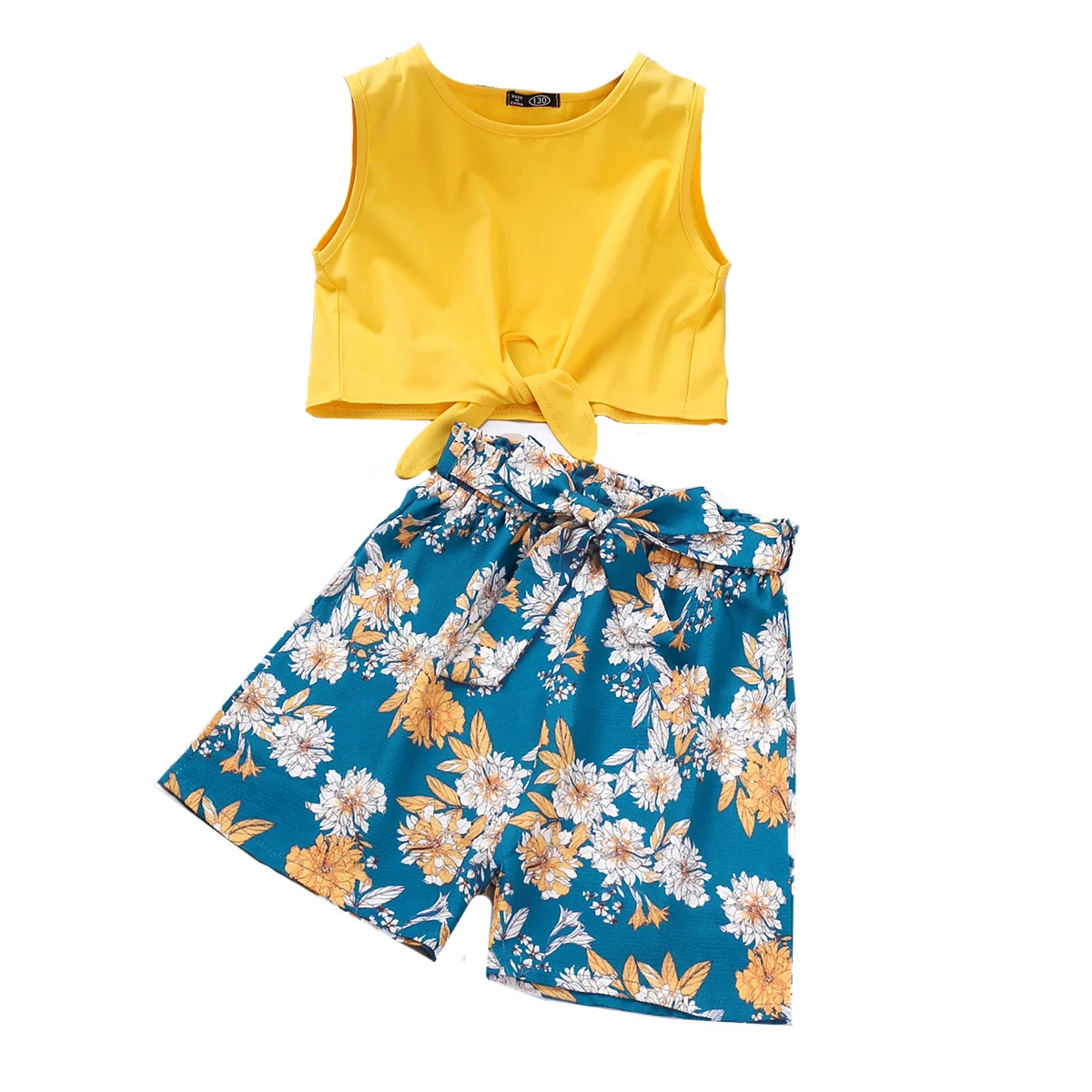 

Children's Clothing Summer New Fashion Small Fresh Girls Elegant Casual Sets Kids Yellow Vest Top+Flower Printing Shorts 2-Piece