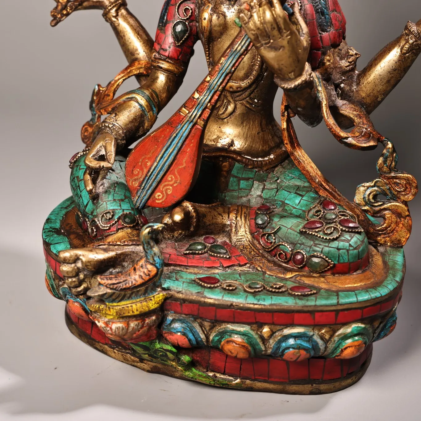 14&quotTibetan Temple Collection Old Bronze Outline in gold Mosaic Gem Four armed Sarasvati Sitting Buddha Worship Hall