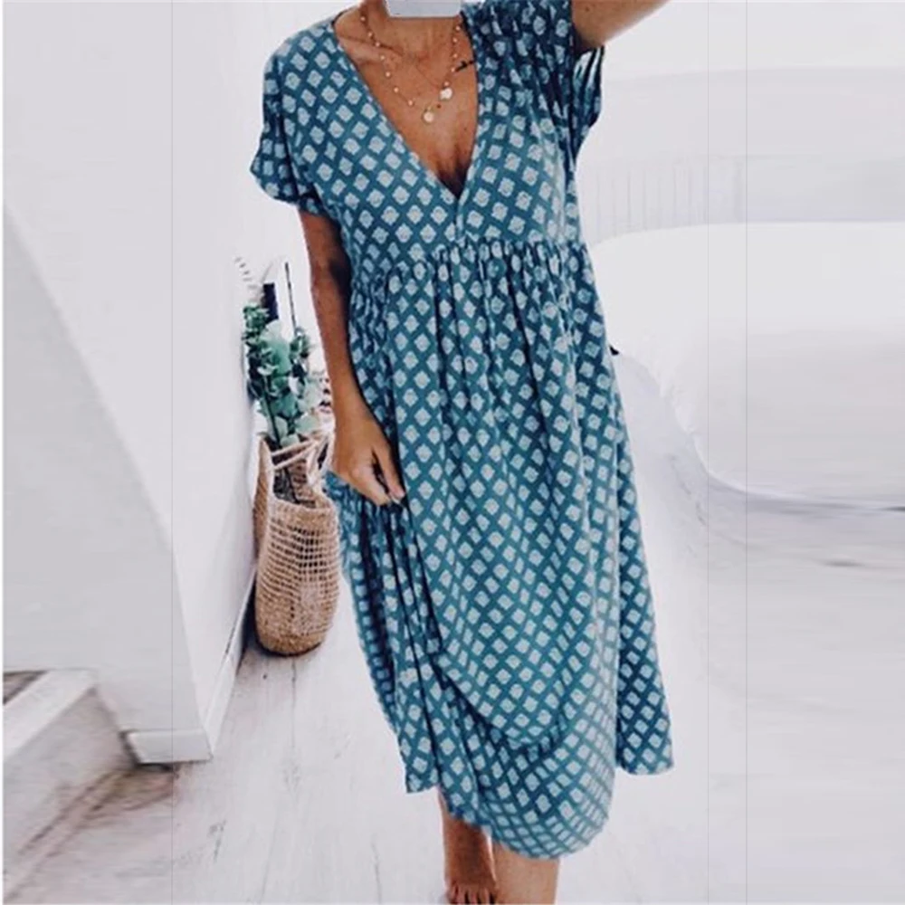 

Summer Plaid Printed Midi Casual Dresses For Women Fashion V Neck Short Sleeve High Waist Swing Dress Female Streetwear Vestidos