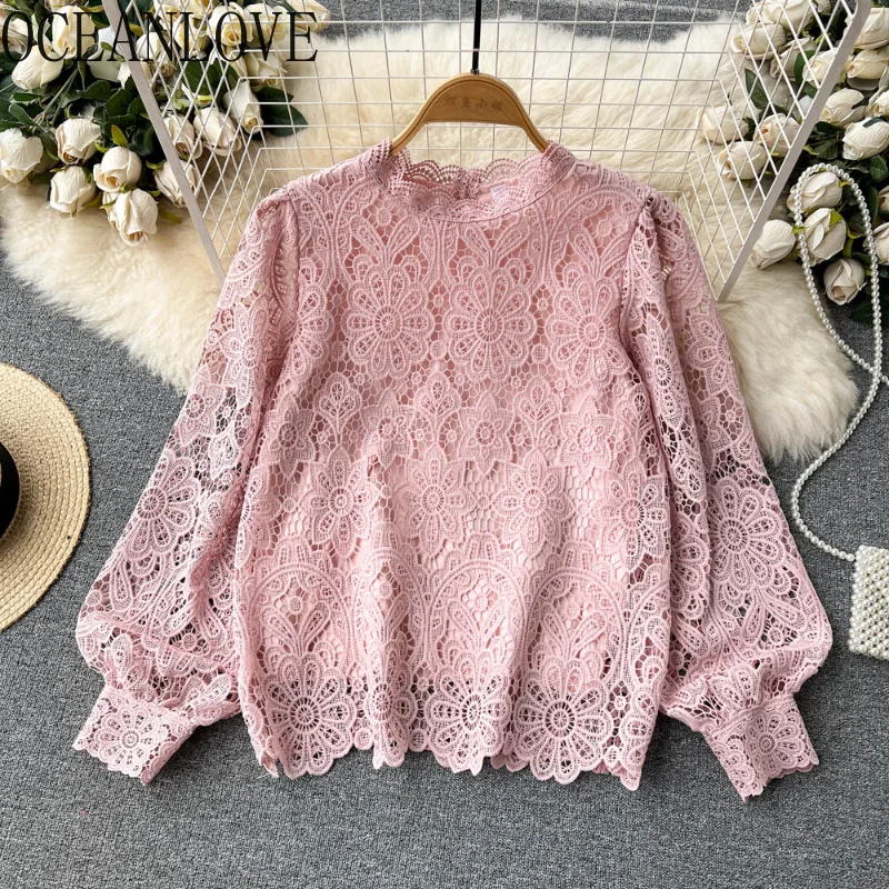 

Spring Summer Lace Blouses Women Tops Solid Hollow Out Vintage Blusas Mujer Korean ashion Sweet Loose Shirts