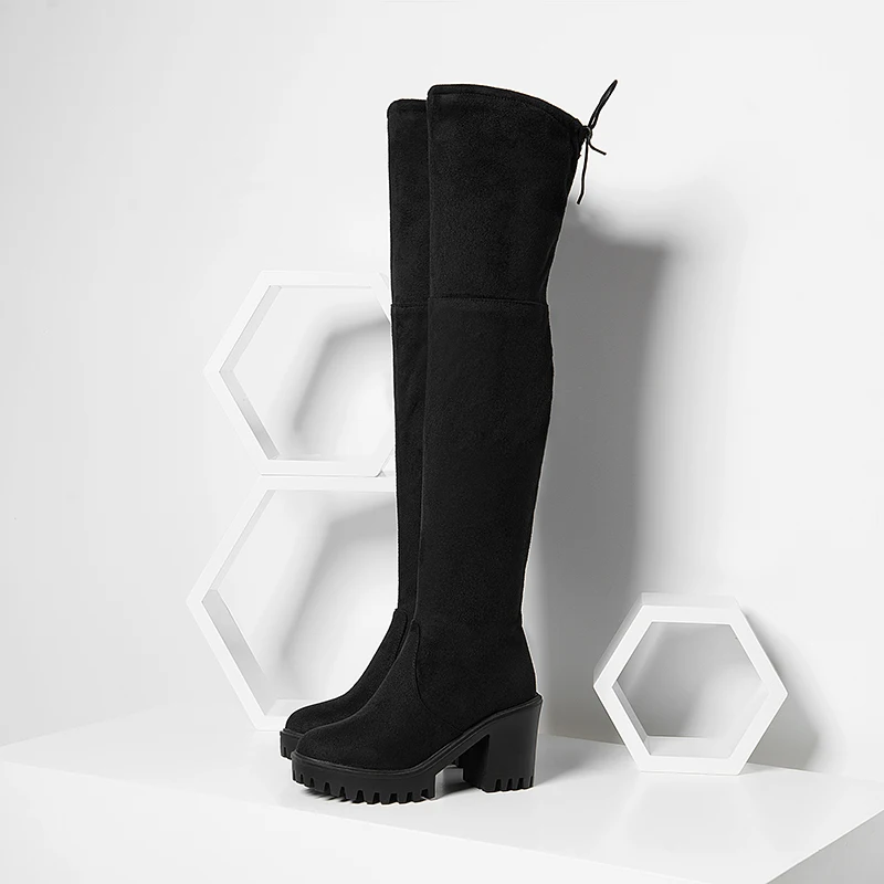 Round Toe Chunky Heel Side Zipper Short Plush Inner Winter Boots Street Trend Close-Fitting Lace-Up Women's Over-The-Knee Boots