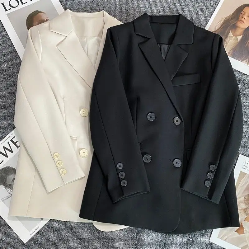 

SuperAen Black Double-breasted Suit Jacket Spring 2022 New Solid Slim Notched Full Office Lady Women Blazers