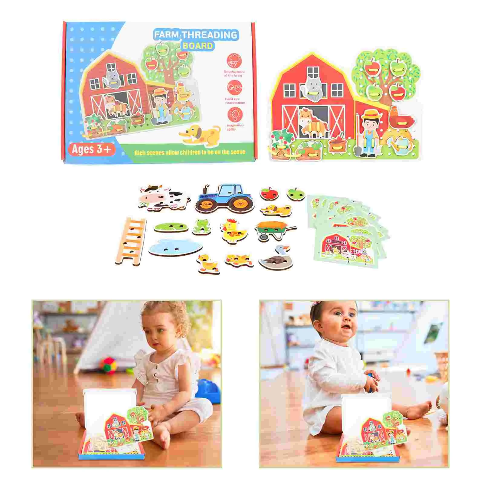 

Threading Wooden Lacing Farm Puzzle Toys Kids Wood Game Montessori Travel Educational Blocks Pattern Board Block Counting Shape