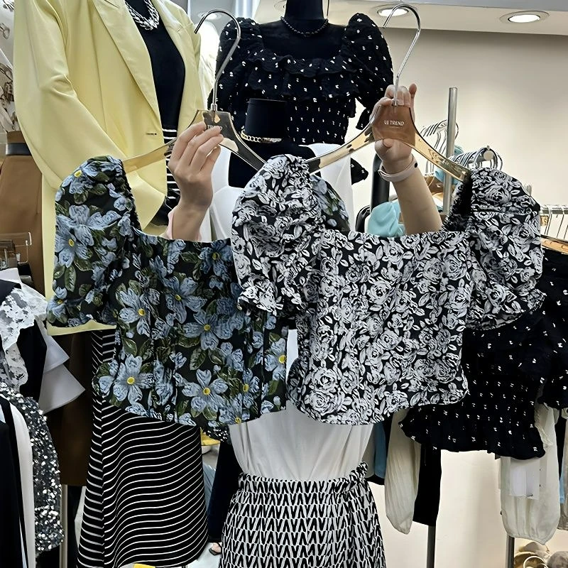

French Slash Neck Off-shoulder Puff Sleeve Blouses Summer Vintage Blusas Mujer De Moda 2023 Flower Print Slim Design Sense Shirt