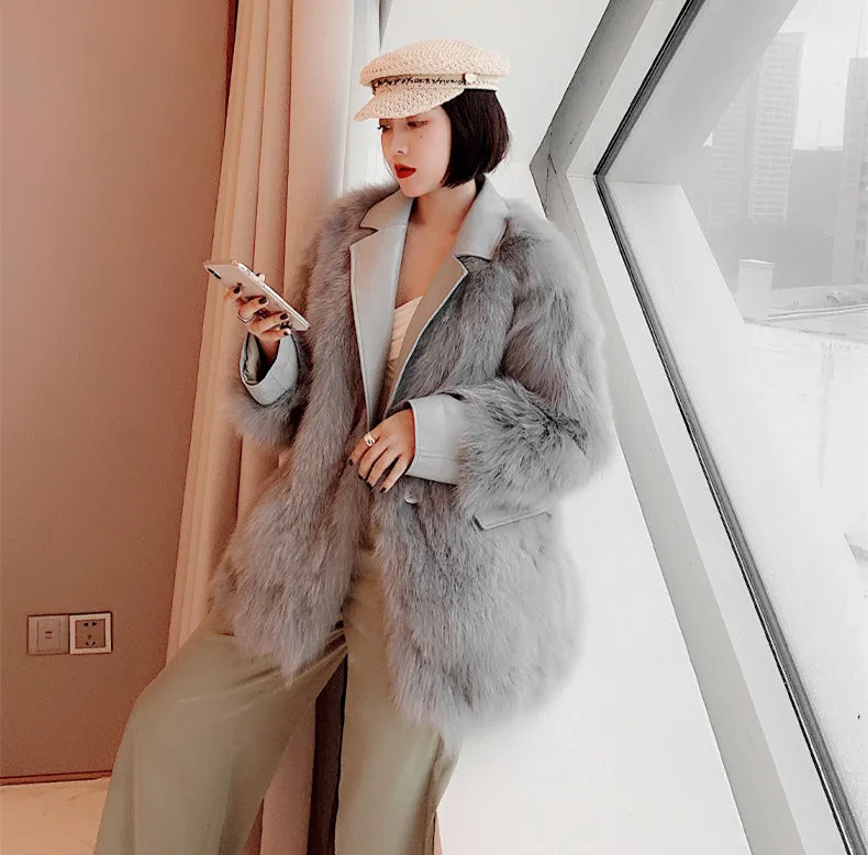 Blazer Woman Fall/Winter 2021 Faux Fox Fur Midi Fur Jacket Stitched Leather Coat for Women Office Lady Brown Fur Clothes