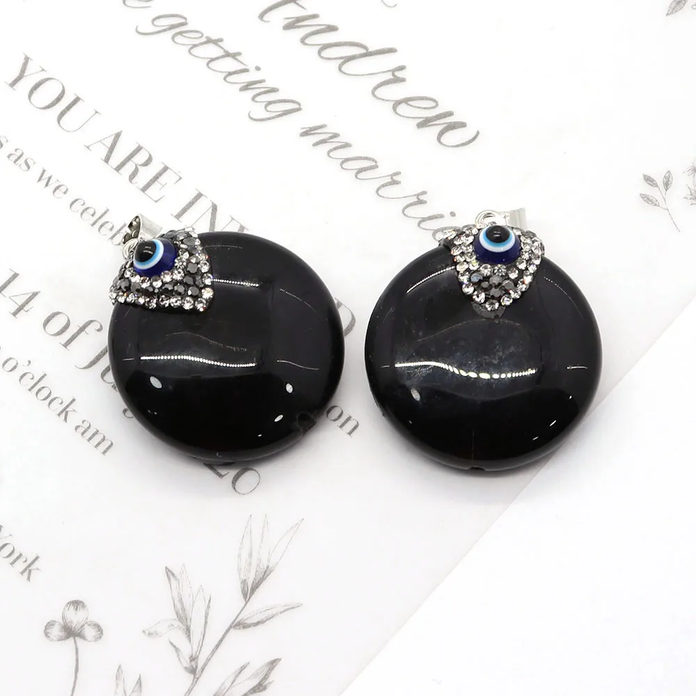 

Facet Round Black Agate Pendants Natural Stone Inlaid Rhinestone Devil's Eye Jewelry DIY Necklace Earring Charms Accessories