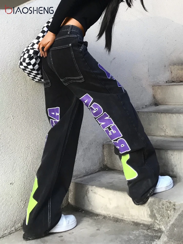 

Женские свободные брюки с заниженной талией, широкие мешковатые джинсы, уличная одежда в стиле Харадзюку, прямые черные брюки с принтом в ст...