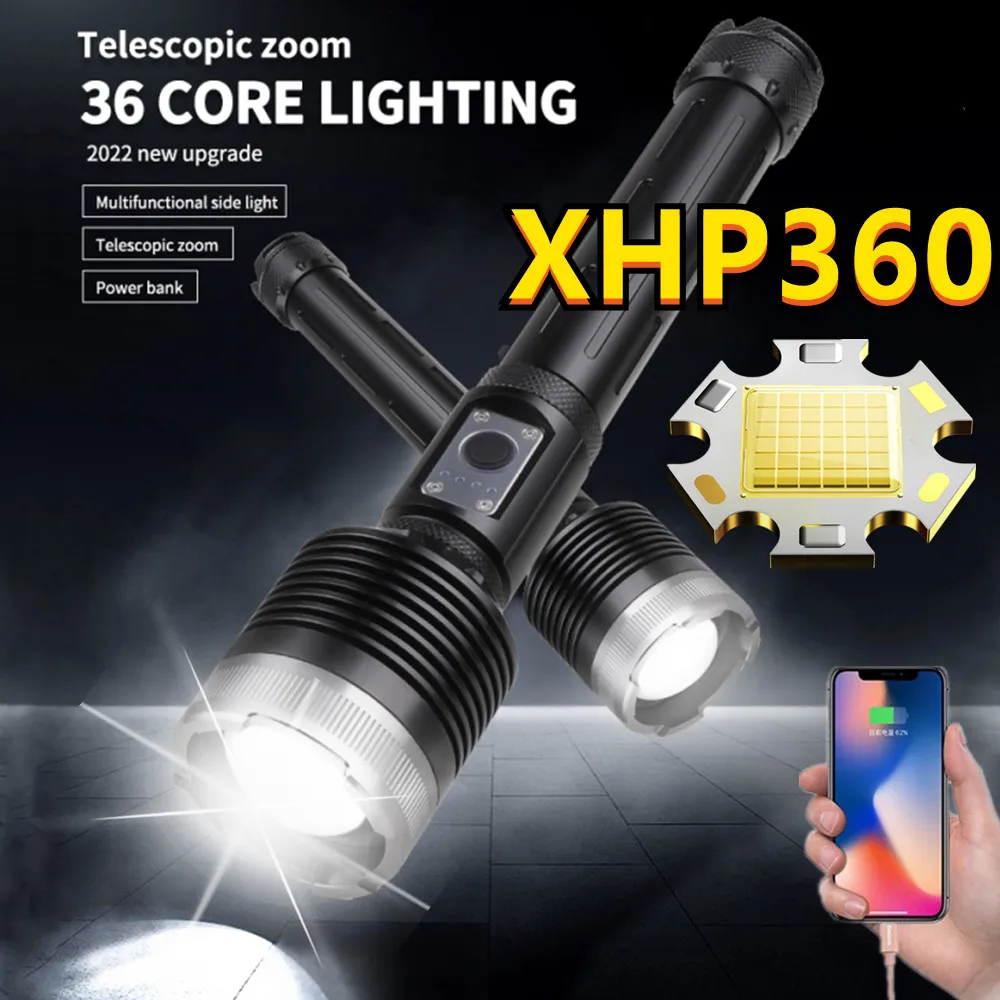 

100000LM Newly XHP360 Powerful LED Flashlight Type-C USB Rechargeable Torch 10400mah Flash Light 26650 Outdoor Camping Lantern