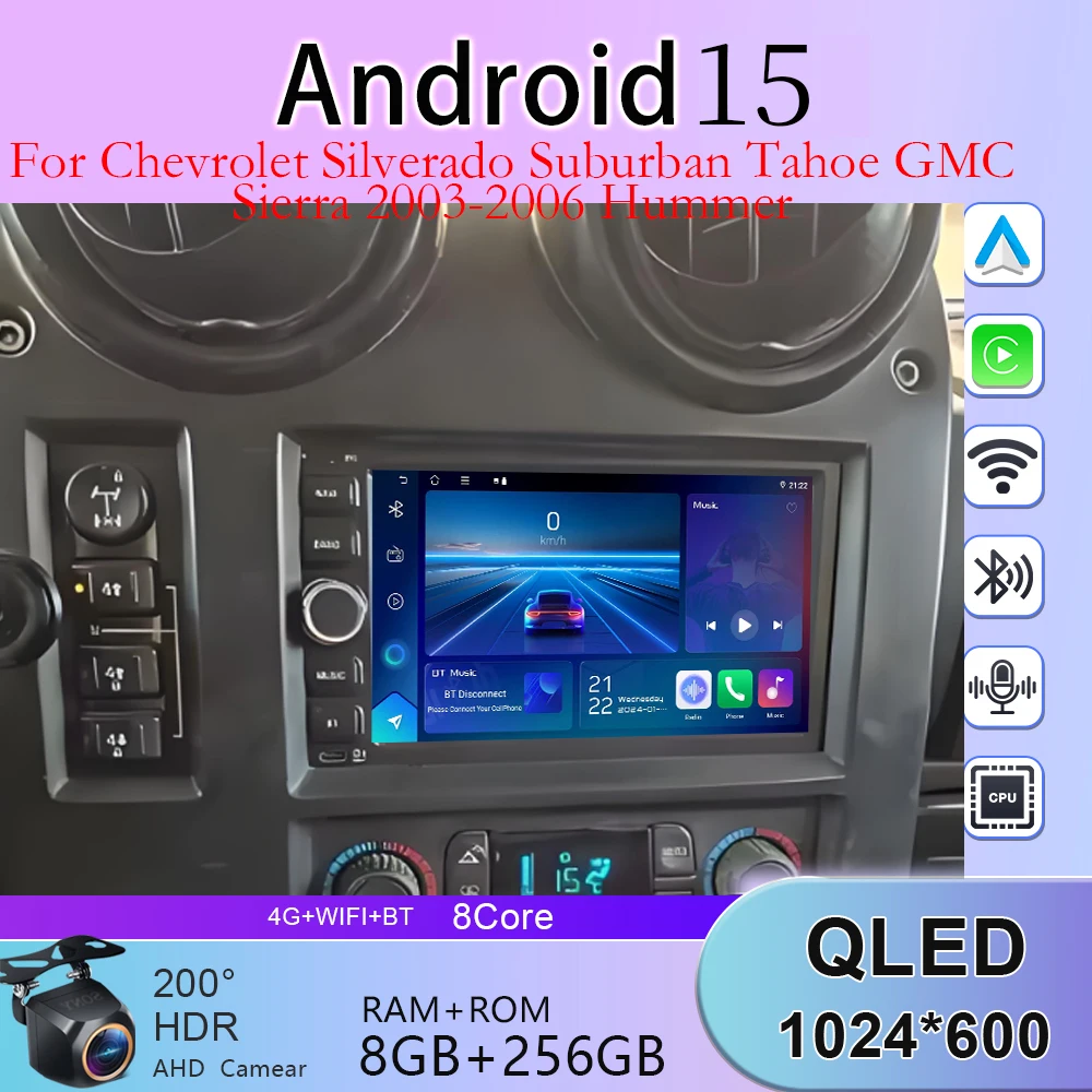 Фото Для Hummer Chevrolet Silverado Suburban Tahoe GMC Sierra 2003-2006: Автомагнитола Android 15, мультимедийный видеоплеер 2K с Wi-Fi