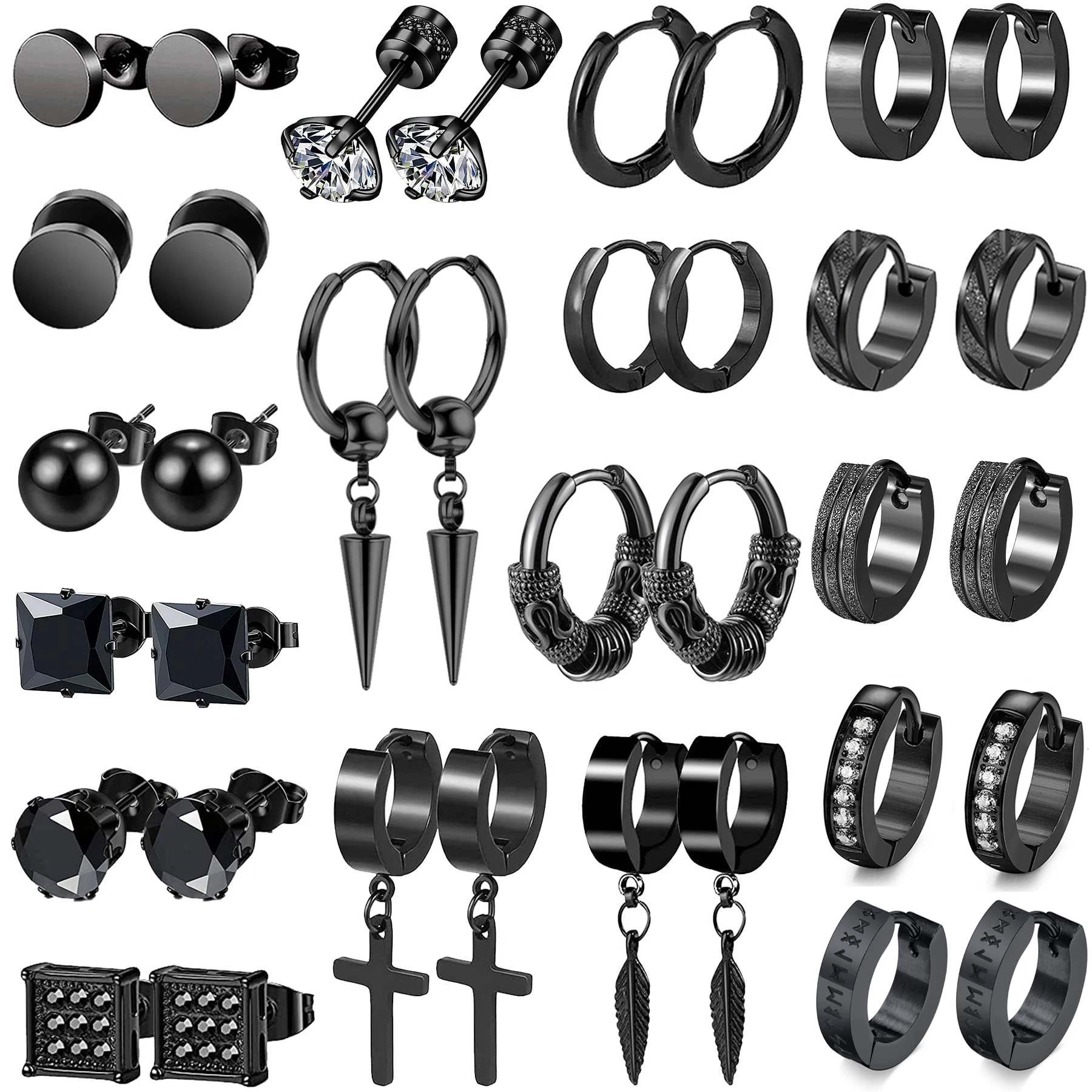 

1-18 Pairs Stainless Steel Black CZ Ball Stud Earrings Cross Dangle Hoop Earrings Set Fashion Piercing Jewelry Set For Men Women