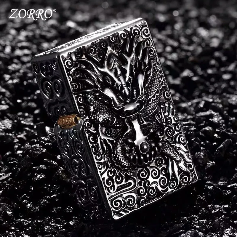 

GenuineZORROZorro Kerosene Lighter Personalized Creative Dragon World Domineering Black Rose Gold Heavy Armor Vintage Carved Win