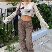 weiyao y2k hollow out cropped knit smock top vintage loose distressed crochet pullovers casual fairycore chic crop cloth 2022