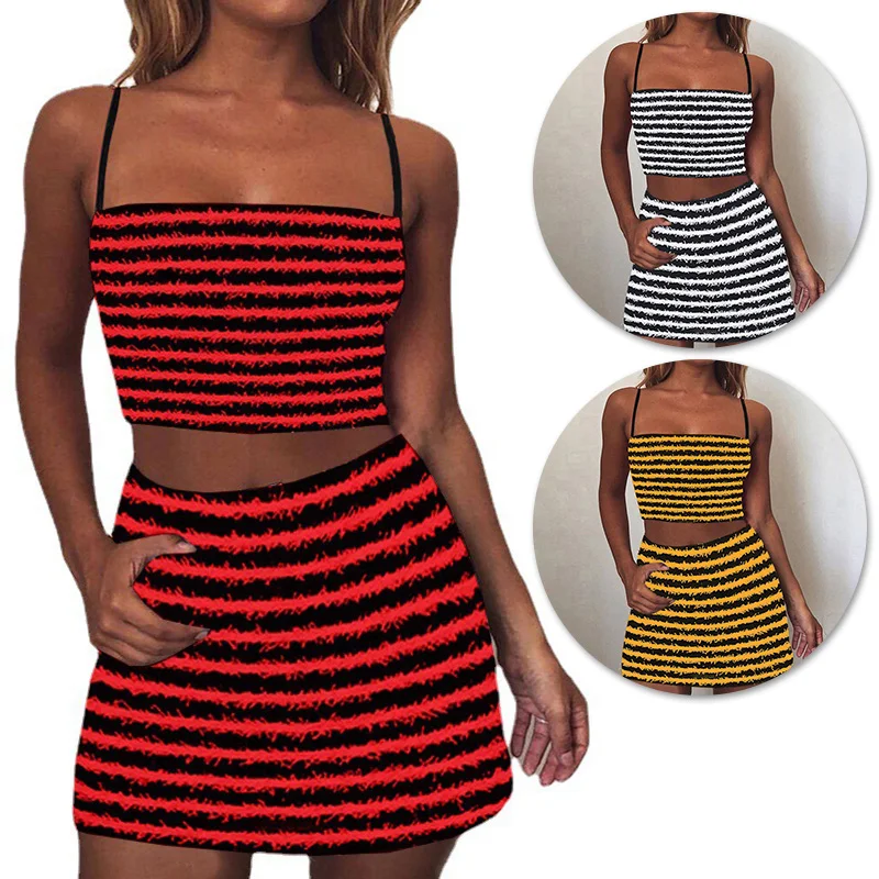 

2pcs Womens Camisoles + Mini Skirts Striped Sexy Spaghetti Strap Tops Casual
