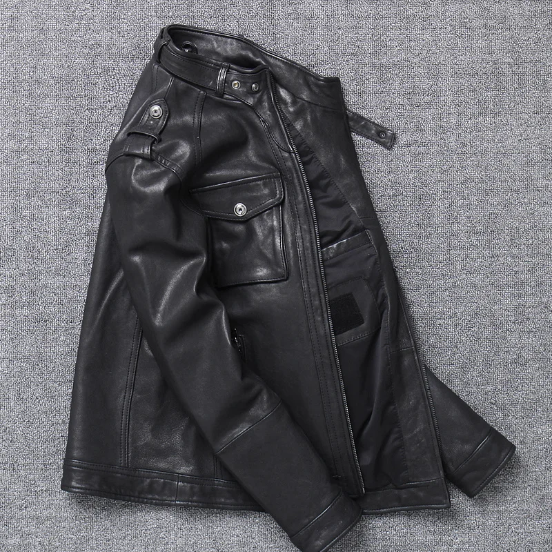 Мужская кожаная куртка из натуральной овечьей шкуры мотоциклетная кожи
