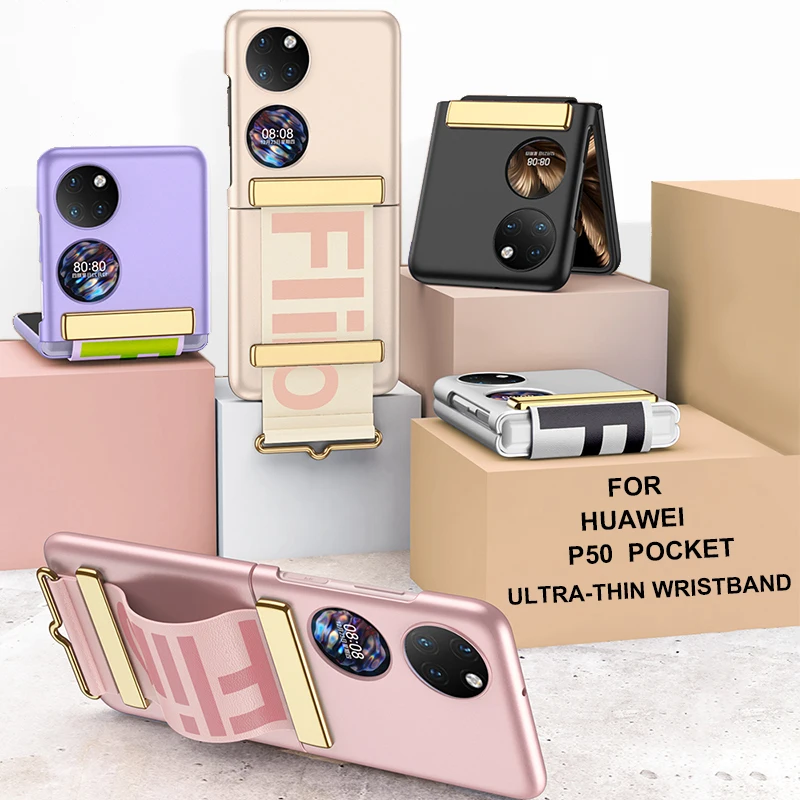 

For Huawei P50 Pocket Fold Phone Protective Cover Shockproof Ultra-thin Pc Case With Wrist Strap Accessories Wristband Bracket