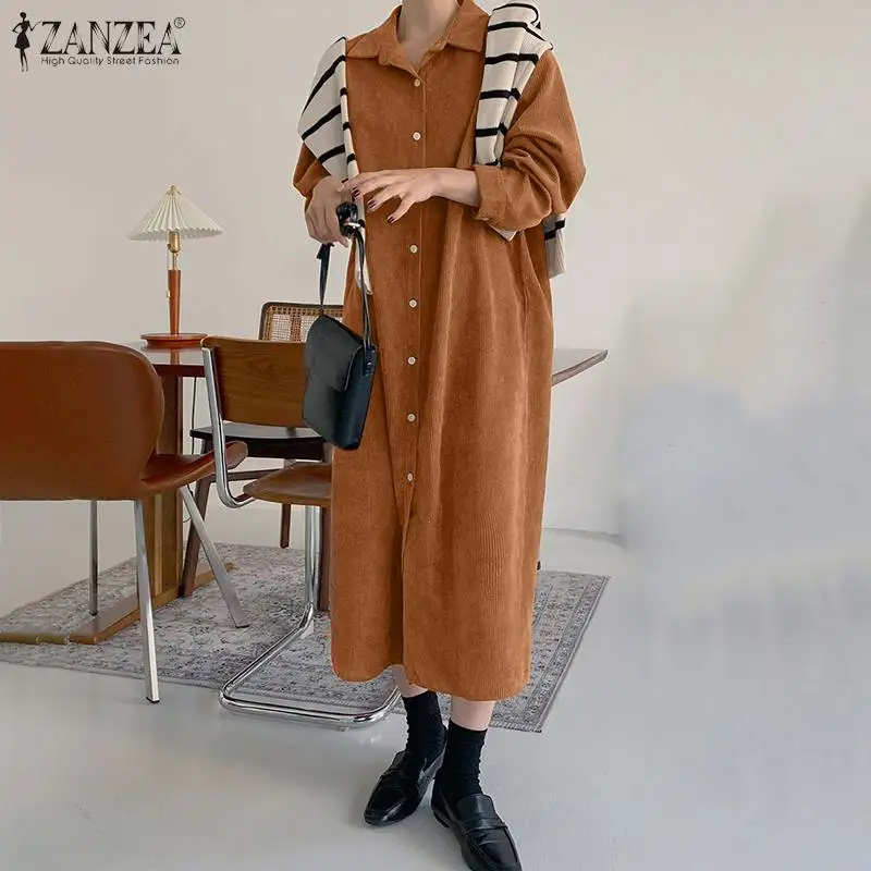 

Женское Повседневное платье OL, модное однотонное платье-рубашка большого размера, платье миди с отложным воротником на весну и осень, винта...