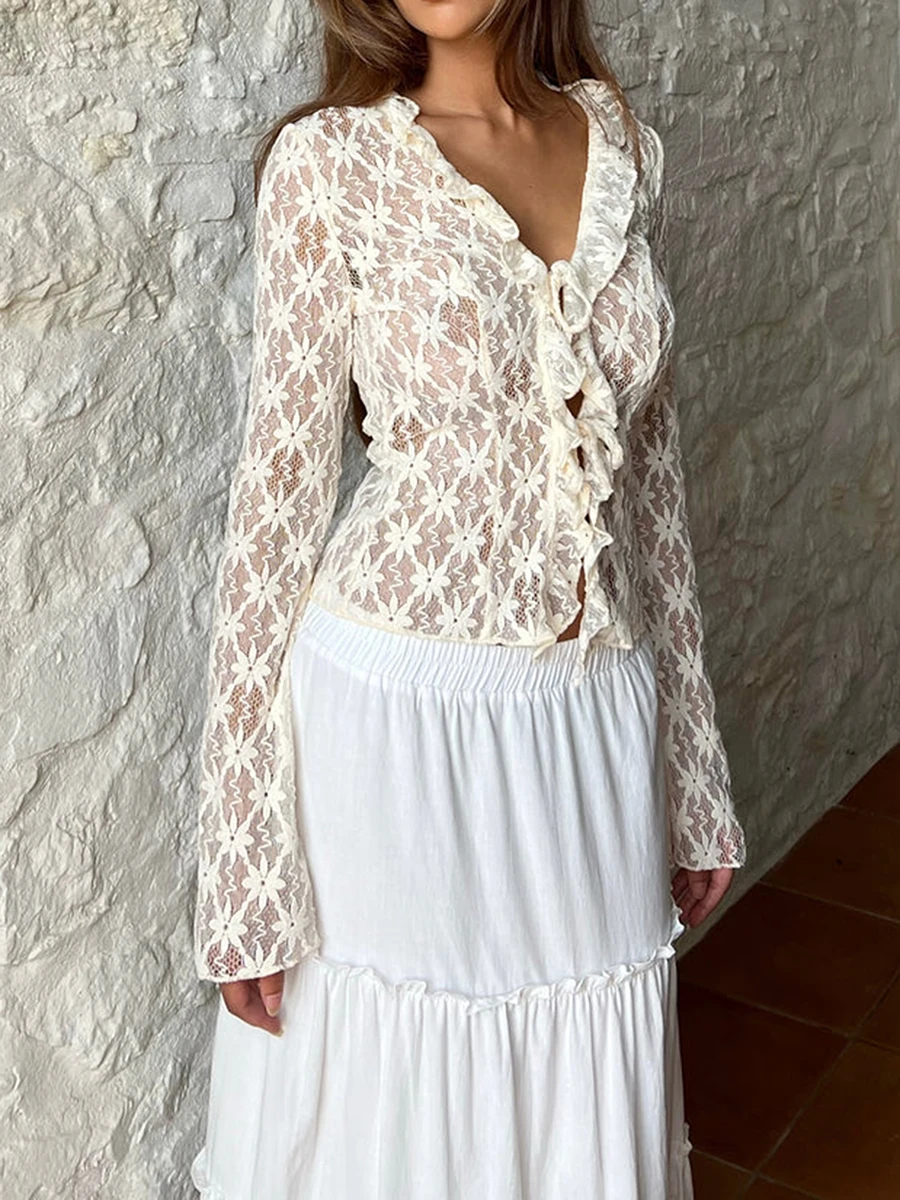 Осенняя женская блузка кружевные топы с цветочным принтом расклешенные длинными